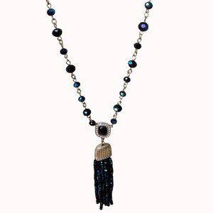 Gold Chain Necklace With Black Beads & Oil Slick Beaded Tassel Pendant